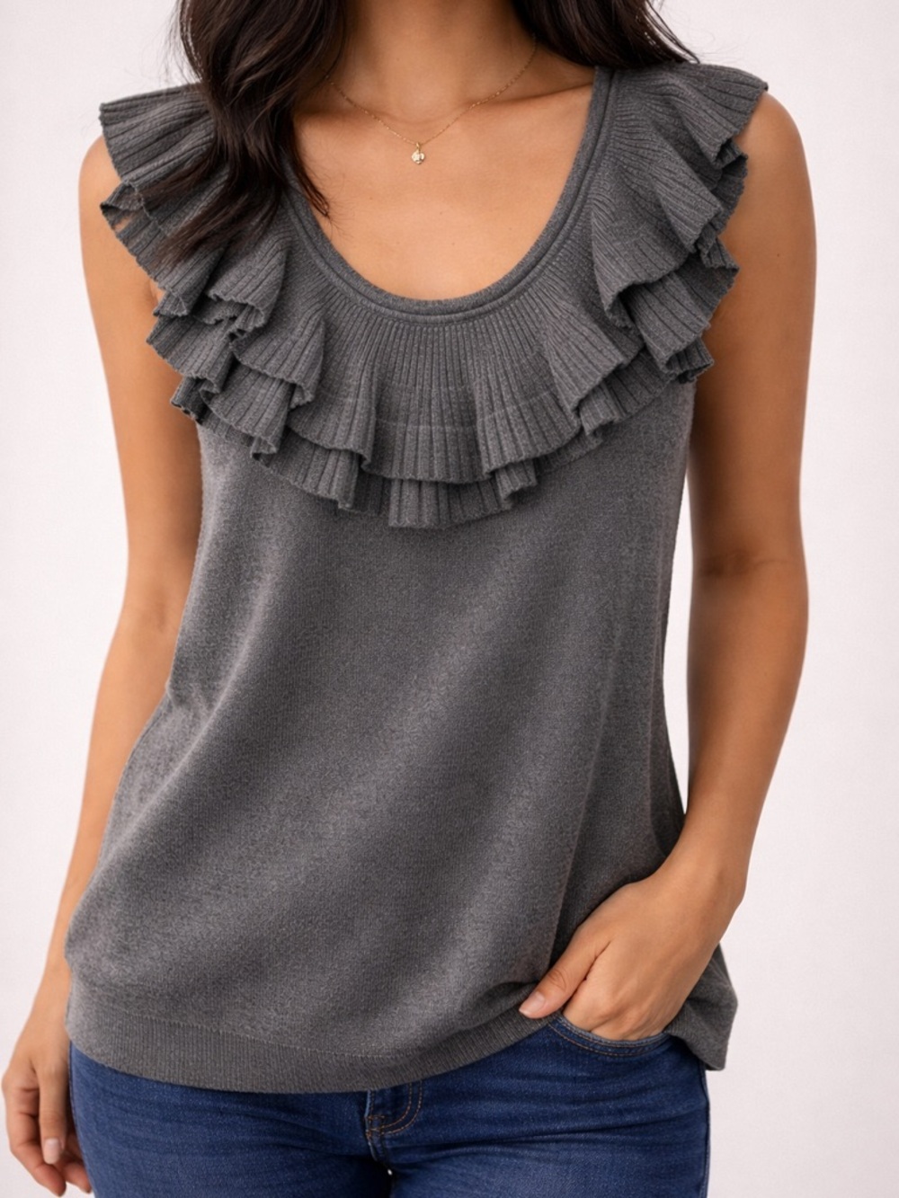 Truth Charcoal Gray Ruffle Scoop Neck Tank Top Size L Soft Knit Layering Top